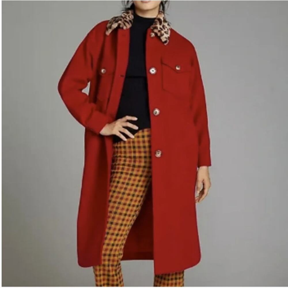 Anthropologie Red Coat with Leopard Collar